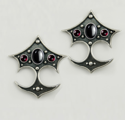 Sterling Silver Gothic Drop Dangle Earrings With Hematite And Garnet